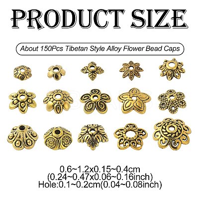 150Pcs 15 Style Tibetan Style Alloy Flower Bead Caps TIBE-YW0001-56-1