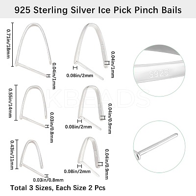 6Pcs 3 Styles Rhodium Plated 925 Sterling Silver Ice Pick Pinch Bails STER-BBC0006-94-1