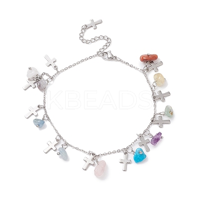 Natural & Synthetic Mixed Gemstone Chips & Cross Charms Anklet AJEW-AN00512-04-1