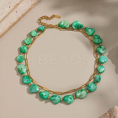 304 Stainless Steel with Dyed Green Natural Shell Nuggets Beaded Double Layer Necklaces for Women LS-NJEW-G181-09G-1