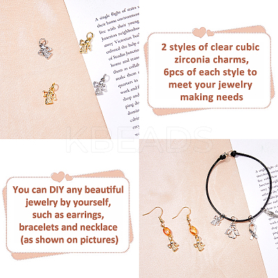 12Pcs 2 Colors Brass Micro Pave Cubic Zirconia Charms KK-FH0007-76-1