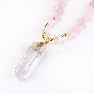 Natural Rose Quartz and Natural Quartz Crystal Pendant Necklaces NJEW-I220-03-1