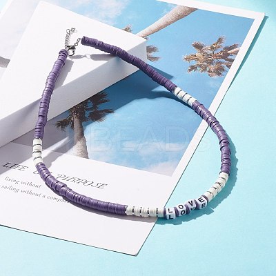 Polymer Clay Heishi Beaded Necklace with Word Love for Women NJEW-JN03790-1