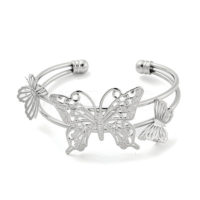 Butterfly Rack Plating Brass 2-Strand Open Cuff Bangles for Women BJEW-P322-01P-1