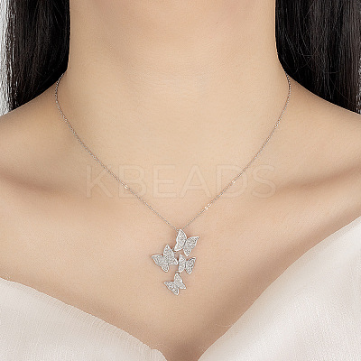 Brass Micro Pave Clear Cubic Zirconia 4 Butterfly Pendant Necklaces for Women FS-WG1F8BB-01-1