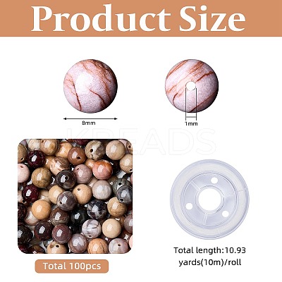 100Pcs Natural Petrified Wood Round Bead with Strong Stretchy Beading Elastic Thread G-SZ0002-28-1