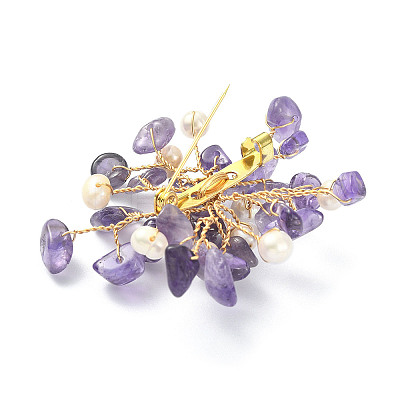 Natural Mixed Gemstone Chips & Pearl Beaded Flower Brooch Pin JEWB-BR00098-1