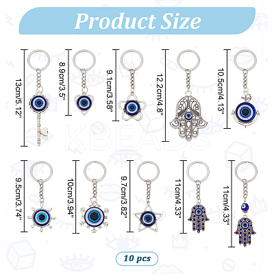 10Pcs 10 Styles Turkish Blue Evil Eye Resin Pendant Keychain KEYC-NB0001-66-1