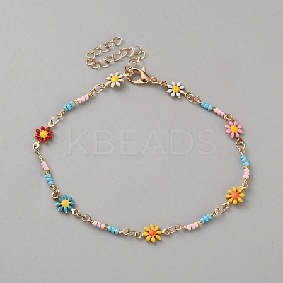 Brass Colorful Enamel Flower Link Chain Anklets for Women AJEW-WH0270-835-1