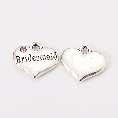 Wedding Theme Antique Silver Tone Tibetan Style Heart with Bridesmaid Rhinestone Charms TIBEP-N005-04D-1