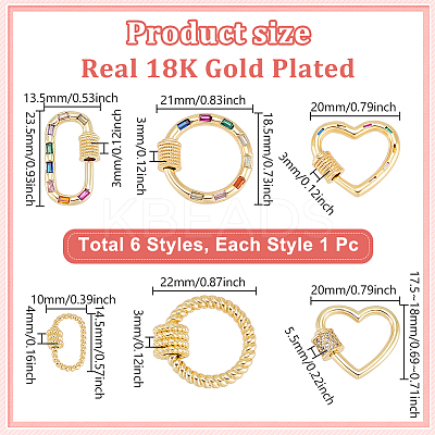 6Pcs 6 Styles Brass Micro Pave Cubic Zirconia Screw Carabiner Lock Charms KK-GA0002-02-1