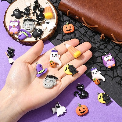 24Pcs 12 Styles Halloween Opaque Resin Pendants RESI-YW0004-84-1