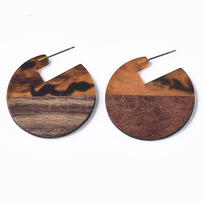 Transparent Resin & Walnut Wood Stud Earrings EJEW-T010-01-1