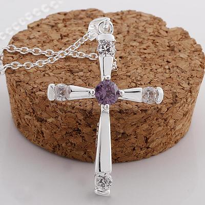 Silver Color Plated Brass Cubic Zirconia Cross Pendant Necklaces NJEW-BB09493-1