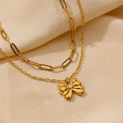 304 Stainless Steel Bowknot Pendant Necklaces NJEW-L182-001G-06-1