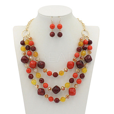 Alloy & Resin Beaded Multilayer Necklaces & Dangle Earrings Sets FS-WGF1004-05-1