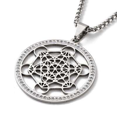 Crystal Rhinestone Flat Round with Hexgon Pendant Necklace with 201 Stainless Steel Box Chains NJEW-K253-11P-1
