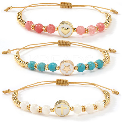 3Pcs Minimalist Adjustable Synthetic Turquoise & Watermelon Stone Glass & Natural Shell Beads Braided Bead Bracelets SR5600-5-1