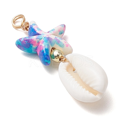 Dyed Synthetic Turquoise Starfish & Natural Cowrie Shell Pendants PALLOY-JF03932-1