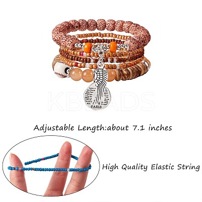 5Pcs 5 Style Wood & Glass Seed & Acrylic Beaded Stretch Bracelets Set with Baseball JB709C-1