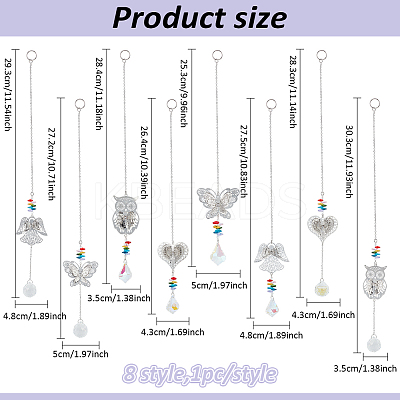 8Pcs 8 Styles Brass Hollow Heart/Owl/Angel/Butterfly Hanging Ornaments HJEW-AN0001-03-1