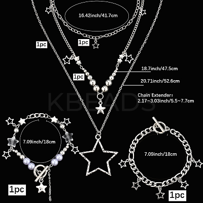 Star Iron Chains Charm Bracelets & Zinc Alloy Star Pendant 3 Layered Necklaces for Women SJEW-SC0001-02-1