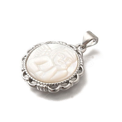 Brass Pave Natural White Shell Carved Angel Pendants KK-Z091-03P-1