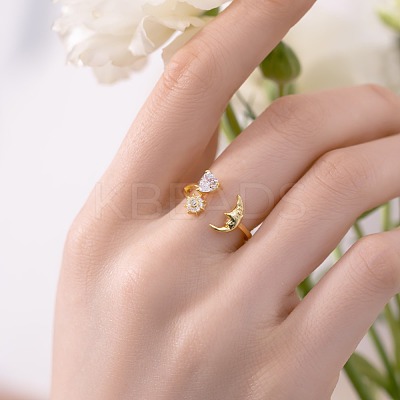 Clear Cubic Zirconia Heart Moon Cuff Ring RJEW-Q814-08G-1