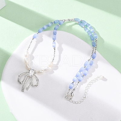 Natural Pearl & Cat Eye Beaded Necklaces NJEW-Q023-01S-1