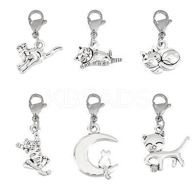 60Pcs 6 Styles Cat Alloy Pendant Decorations HJEW-GO00223-1