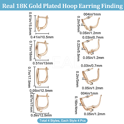 16Pcs 4 Styles Brass Hoop Earring Findings with Latch Back Closure KK-BBC0008-19-1