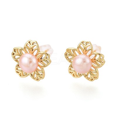 Flower Brass Natural Pearl Stud Earrings PEAR-N017-07F-1