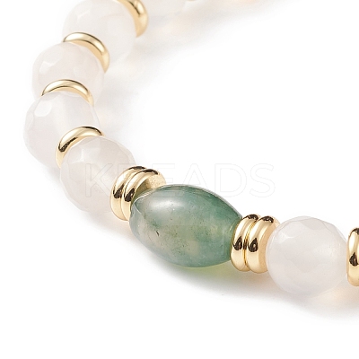 Natural Moss Agate Oval & White Agate Beaded Stretch Bracelet BJEW-JB08696-1