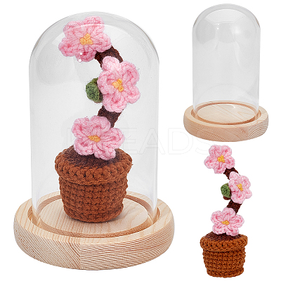 1 Set Glass Cloche Bell Jar Terrarium with 1Pc Handmade Knitting Crochet Artificial Plum Bossom Potted DJEW-WR0001-01C-1