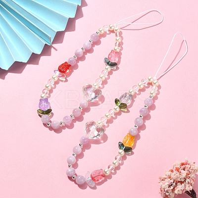 Tulip & Heart Natural Kunzite/Quartz Crystal & Glass Beaded Mobile Straps HJEW-TA00041-1