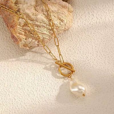 Imitation Pearl Nuggets Pendant Stainless Steel Paperclip Chain OT Necklaces for Women QA2492-1