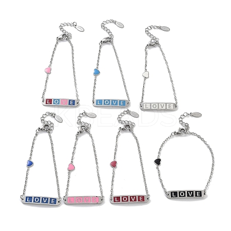 201 Stainless Steel Heart & Rectangle with Word Love Link Bracelets BJEW-B090-02A-1