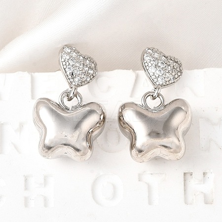 Heart with Butterfly Brass Micro Pave Clear Cubic Zirconia Dangle Stud Earrings EJEW-Z099-01P-1