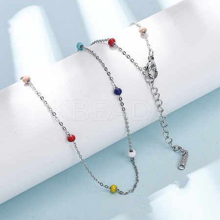 304 Stainless Steel Enamel Rondelle Bead Cable Chain Necklaces for Women NJEW-G190-01P-1
