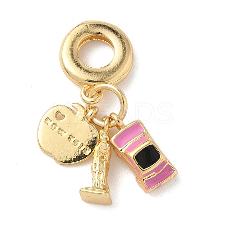 Brass Pink Enamel European Dangle Charms KK-D502-05G-1