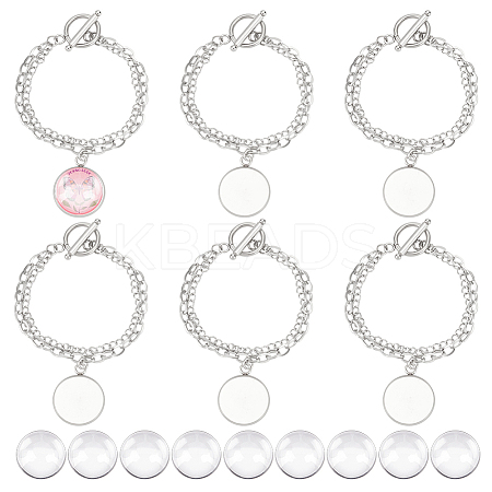 304 Stainless Steel & Alloy Chains Double Layer Multi-strand Bracelet with Blank Dome Charms DIY Making Kit BJEW-UN00001-1