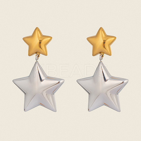 304 Stainless Steel Two Tone Star Dangle Stud Earrings LQ4369-1