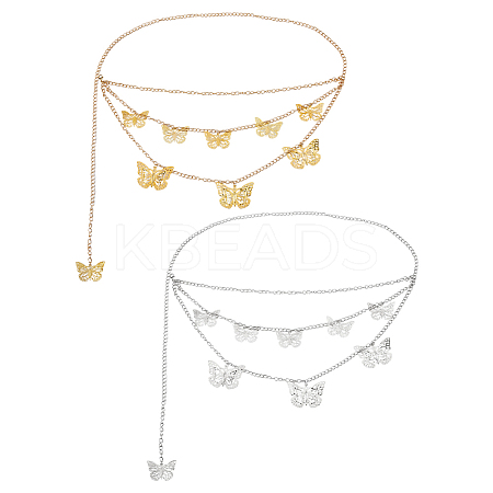 2Pcs 2 Colors  Aluminum Butterfly Tassel 3 Layered Waist Body Chains for Women Girls AJEW-HS0001-17-1
