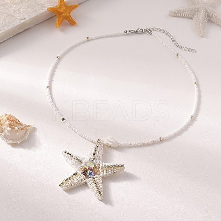 Ocean Starfish Cloth Shell with Rhinestone Pendant White Glass Beaded Necklaces for Women FS-WGEED08-02-1