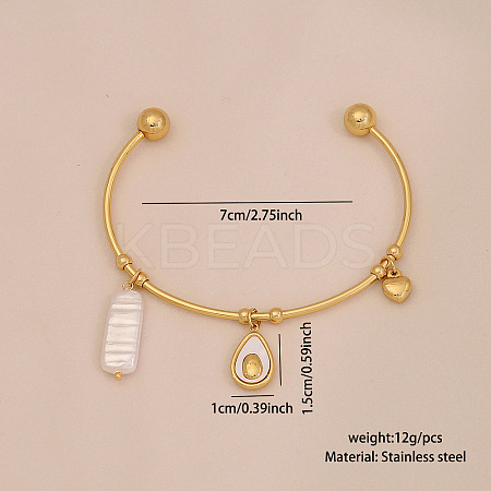 304 Stainless Steel & Natural Shell & Crystal Rhinestone & Plastic Pearl Cuff Bangles FS-WGEF24F-02-1
