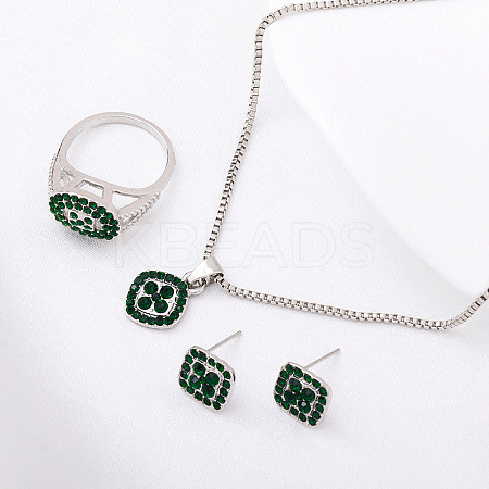 Rhombus Alloy Rhinestone Pendant Necklaces & Stud Earrings & Rings Sets FS-WGFED7A-06-1