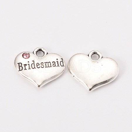 Wedding Theme Antique Silver Tone Tibetan Style Heart with Bridesmaid Rhinestone Charms TIBEP-N005-04D-1