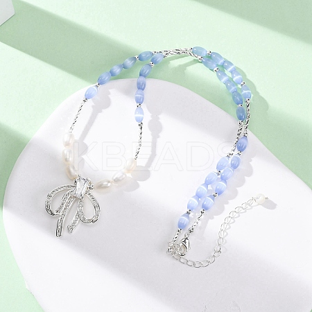 Natural Pearl & Cat Eye Beaded Necklaces NJEW-Q023-01S-1