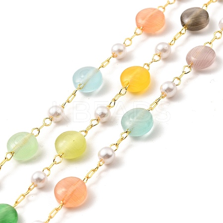 Colorful Cat Eye Flat Round & Plastic Pearl Beaded Chains CHC-G017-13G-1-1