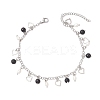 Natural Black Agate(Dyed & Heated) & Natural Pearl & 304 Stainless Steel Heart Tassel Curb Chain Anklets AJEW-AN00697-2
